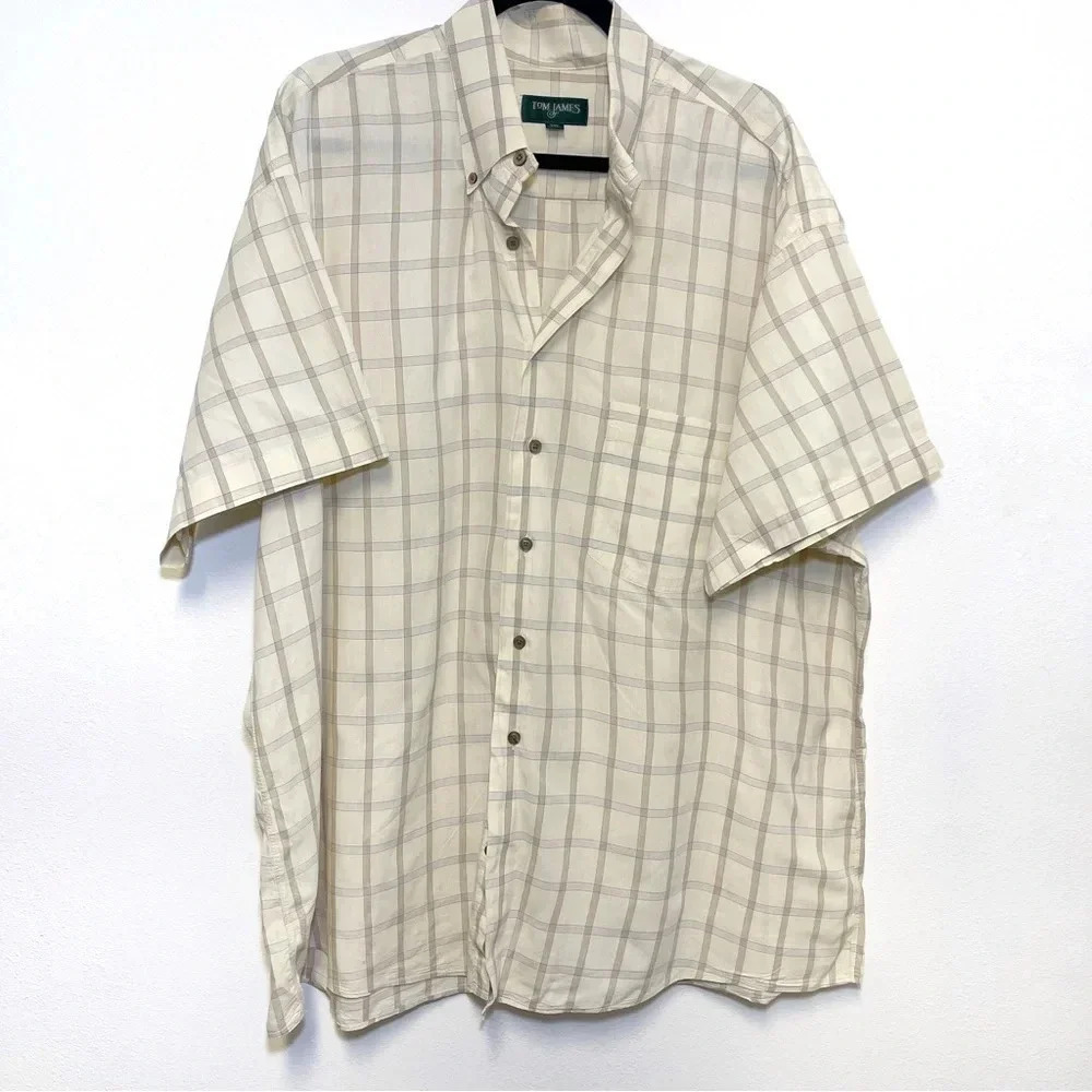 Tom James Plaid Short-Sleeve Button Down Shirt - Made in USA 100% Cotton Casual
